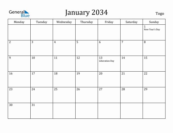 January 2034 Calendar Togo
