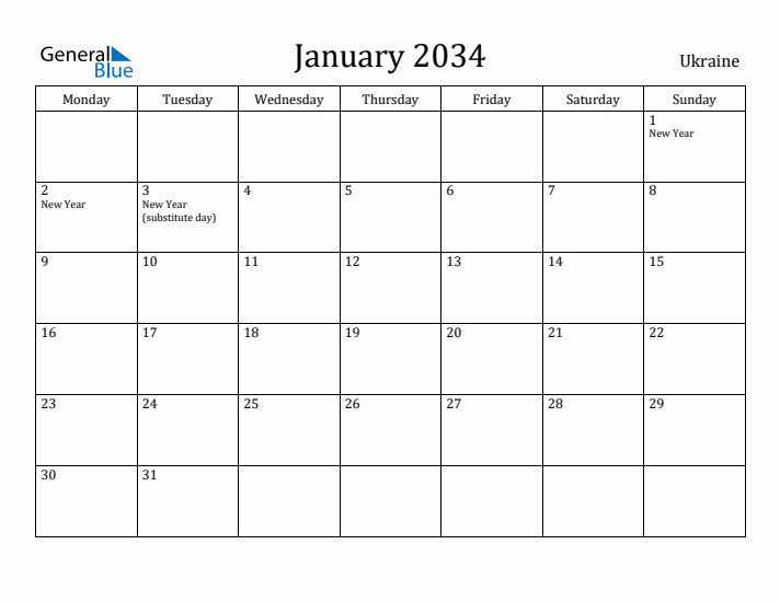 January 2034 Calendar Ukraine