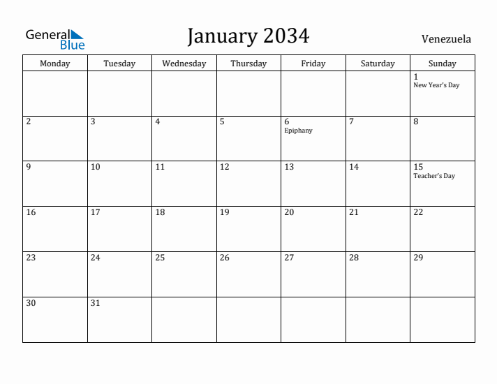 January 2034 Calendar Venezuela
