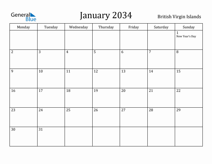 January 2034 Calendar British Virgin Islands