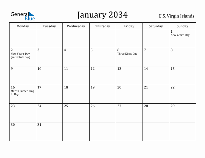 January 2034 Calendar U.S. Virgin Islands