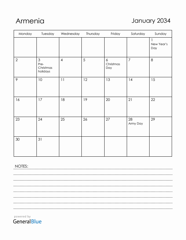 January 2034 Armenia Calendar with Holidays (Monday Start)
