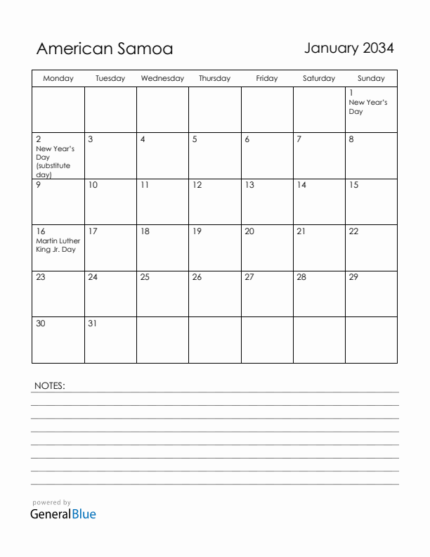 January 2034 American Samoa Calendar with Holidays (Monday Start)