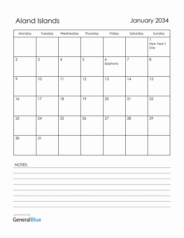 January 2034 Aland Islands Calendar with Holidays (Monday Start)