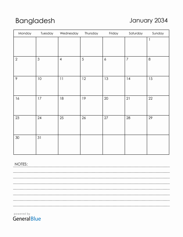 January 2034 Bangladesh Calendar with Holidays (Monday Start)