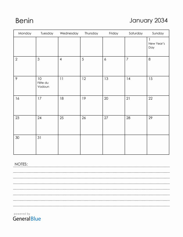 January 2034 Benin Calendar with Holidays (Monday Start)