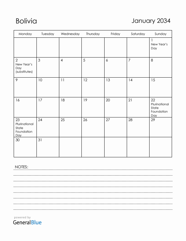 January 2034 Bolivia Calendar with Holidays (Monday Start)