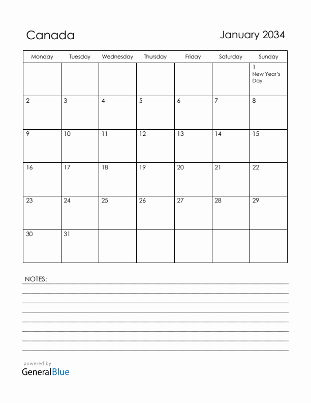 January 2034 Canada Calendar with Holidays (Monday Start)
