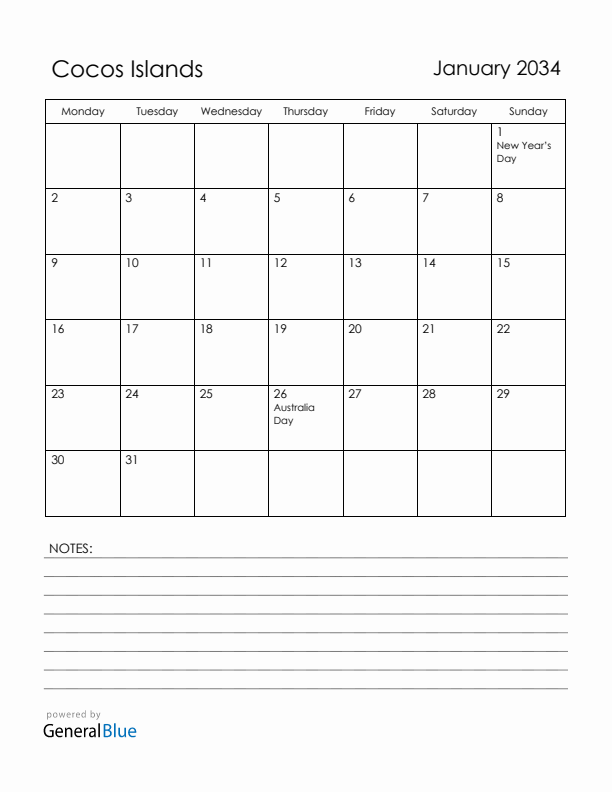 January 2034 Cocos Islands Calendar with Holidays (Monday Start)