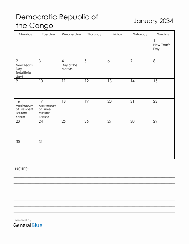 January 2034 Democratic Republic of the Congo Calendar with Holidays (Monday Start)