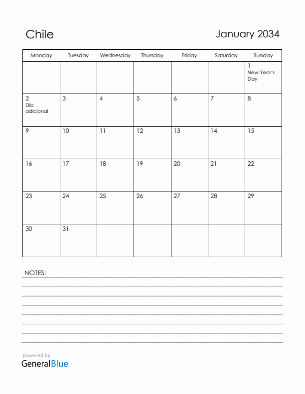 January 2034 Chile Calendar with Holidays (Monday Start)
