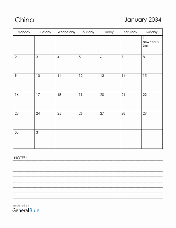 January 2034 China Calendar with Holidays (Monday Start)
