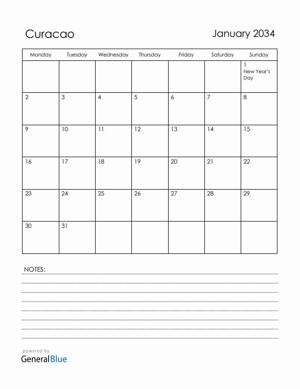 January 2034 Curacao Calendar with Holidays (Monday Start)