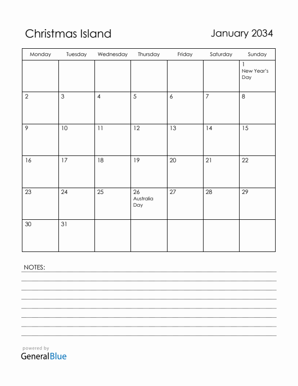 January 2034 Christmas Island Calendar with Holidays (Monday Start)