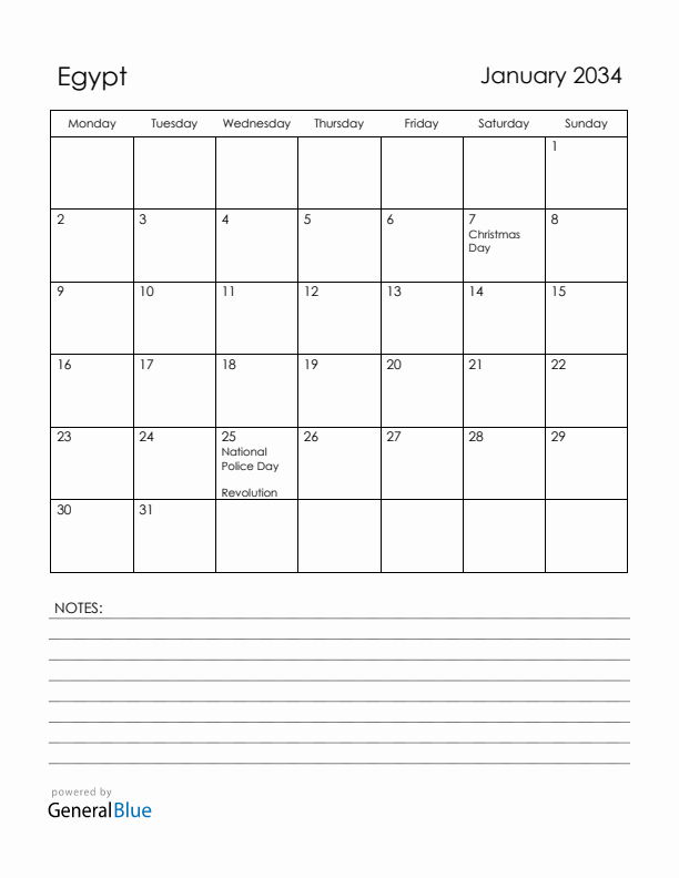 January 2034 Egypt Calendar with Holidays (Monday Start)