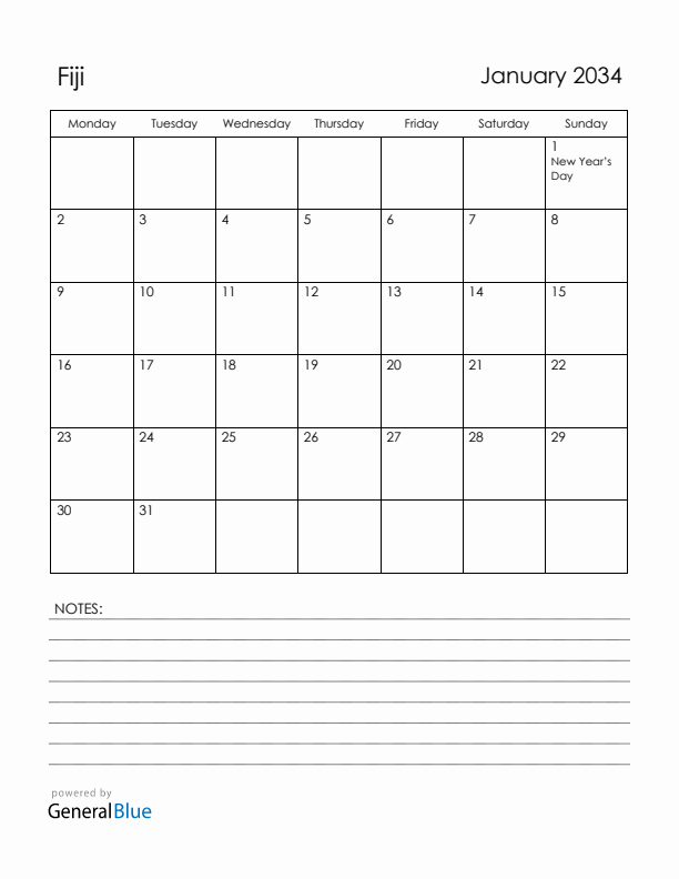 January 2034 Fiji Calendar with Holidays (Monday Start)