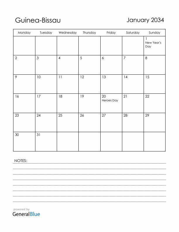 January 2034 Guinea-Bissau Calendar with Holidays (Monday Start)