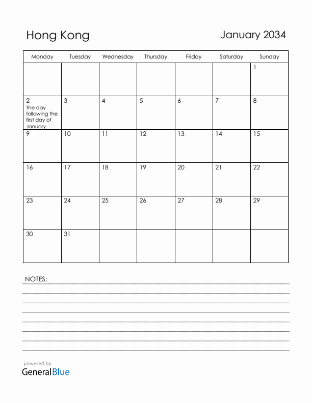 January 2034 Hong Kong Calendar with Holidays (Monday Start)