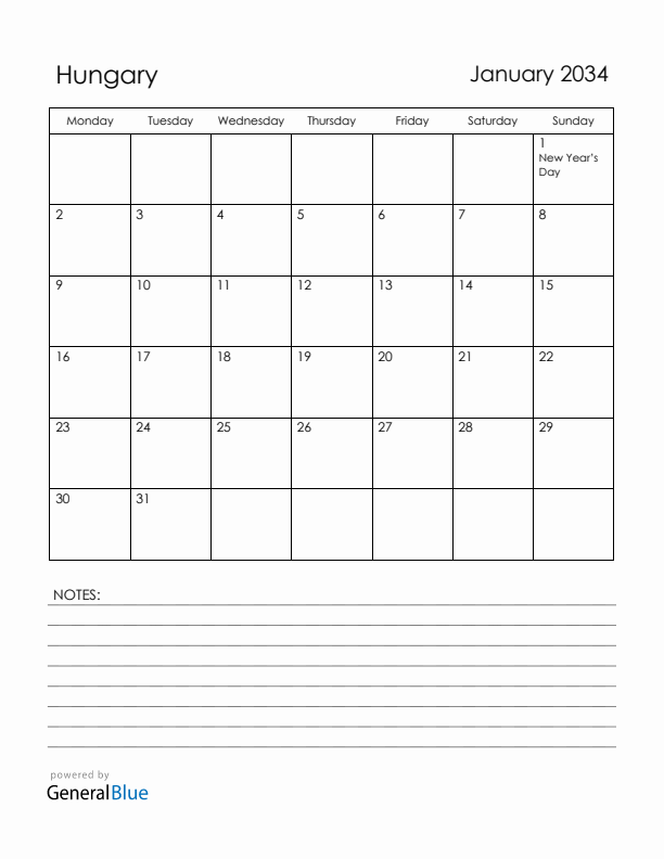 January 2034 Hungary Calendar with Holidays (Monday Start)
