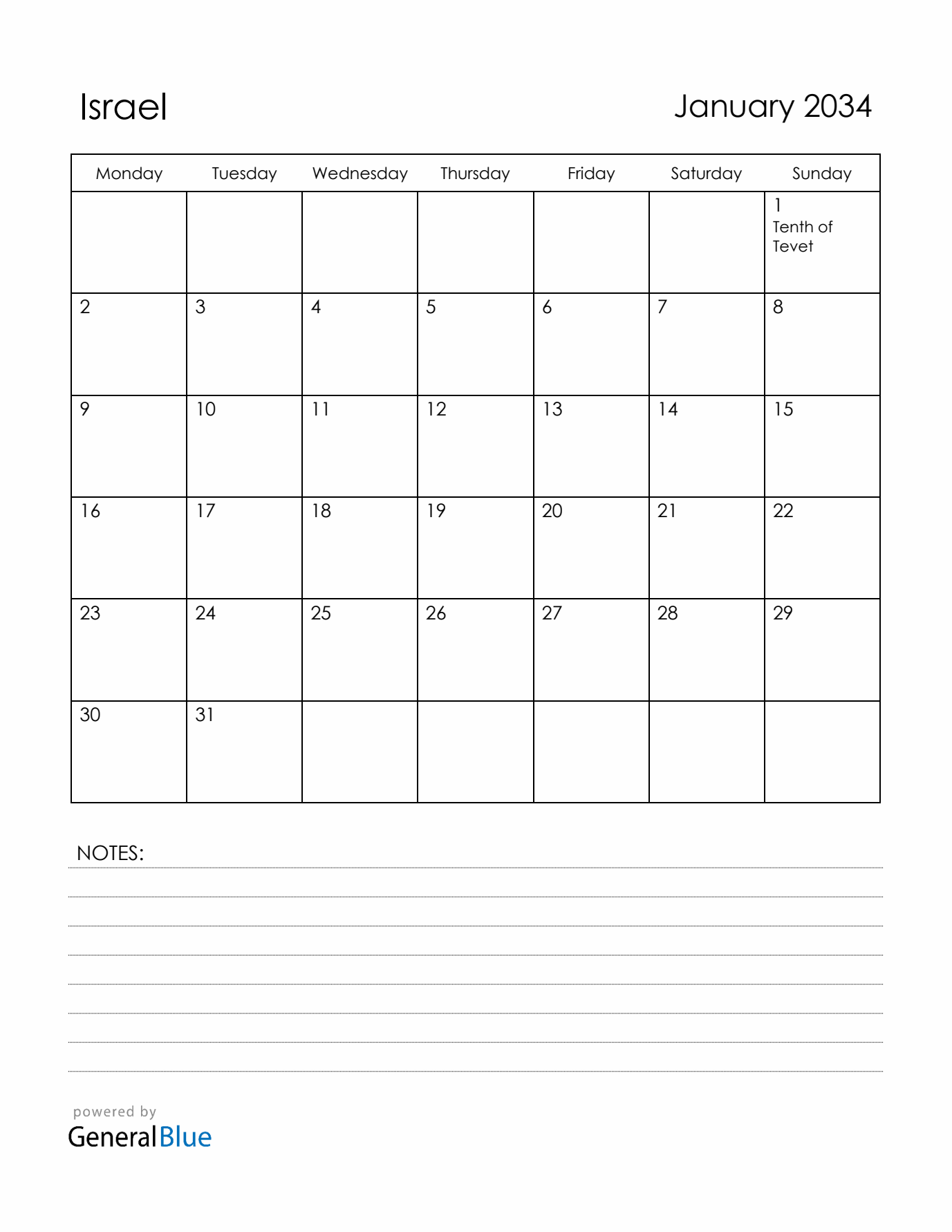January 2034 Israel Calendar with Holidays (Monday Start)