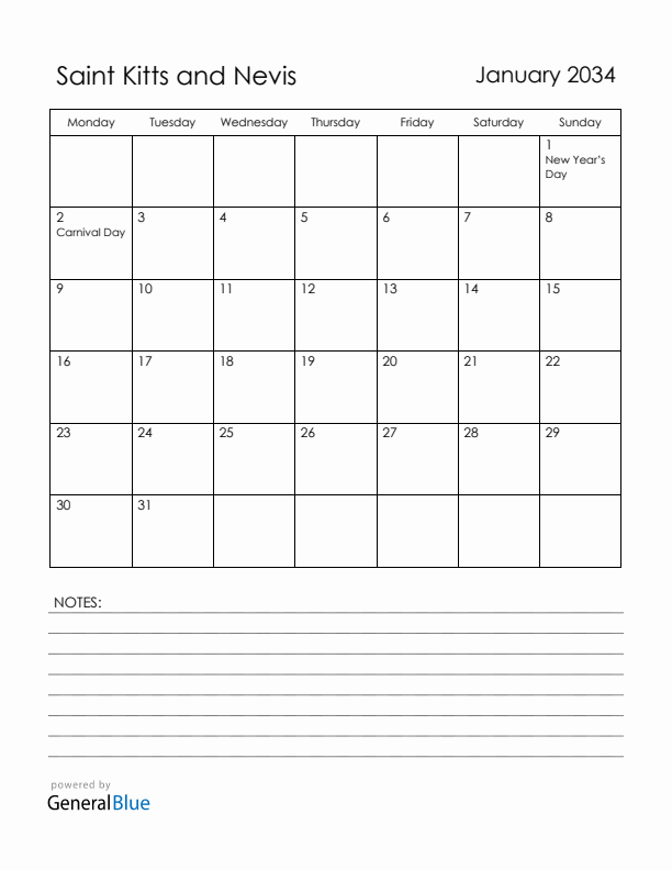 January 2034 Saint Kitts and Nevis Calendar with Holidays (Monday Start)
