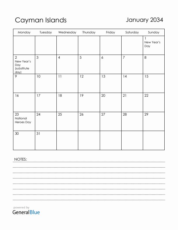 January 2034 Cayman Islands Calendar with Holidays (Monday Start)