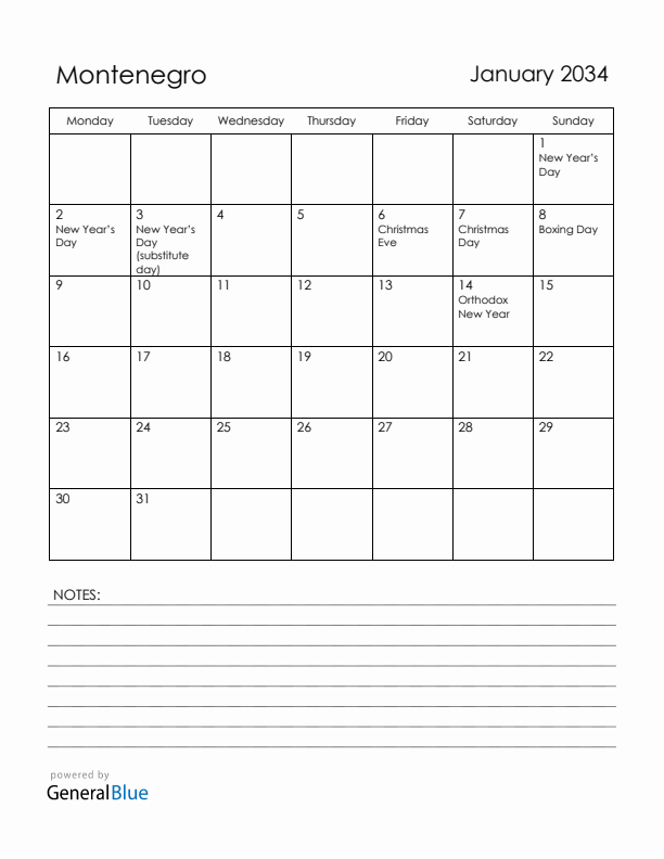 January 2034 Montenegro Calendar with Holidays (Monday Start)