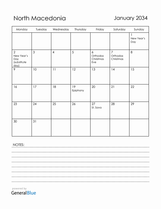 January 2034 North Macedonia Calendar with Holidays (Monday Start)