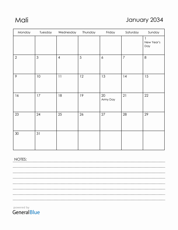 January 2034 Mali Calendar with Holidays (Monday Start)