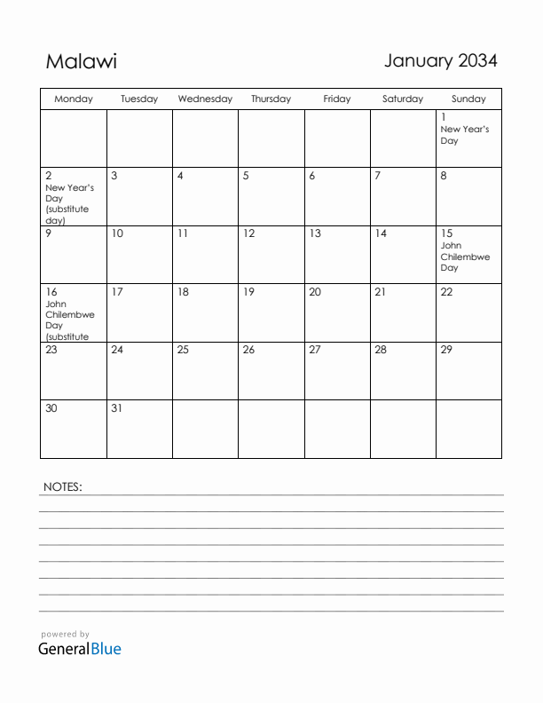 January 2034 Malawi Calendar with Holidays (Monday Start)