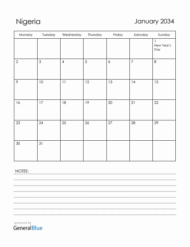 January 2034 Nigeria Calendar with Holidays (Monday Start)