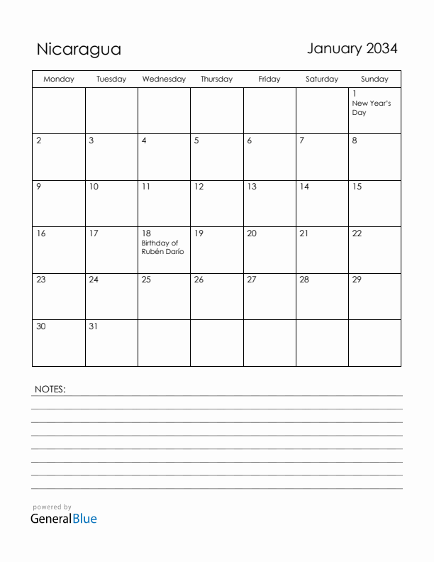 January 2034 Nicaragua Calendar with Holidays (Monday Start)