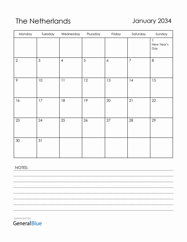 January 2034 The Netherlands Calendar with Holidays (Monday Start)