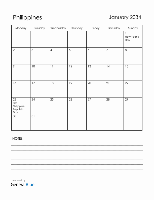 January 2034 Philippines Calendar with Holidays (Monday Start)