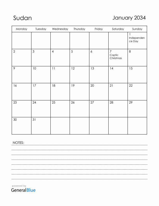 January 2034 Sudan Calendar with Holidays (Monday Start)