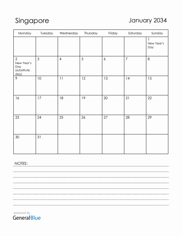 January 2034 Singapore Calendar with Holidays (Monday Start)