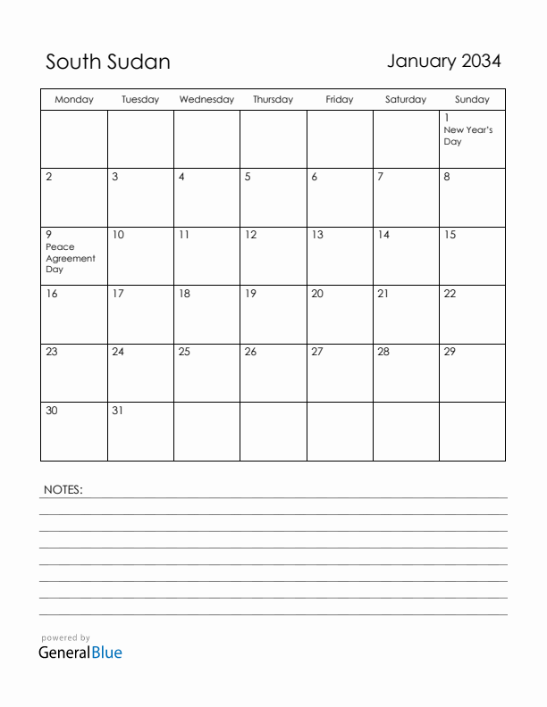 January 2034 South Sudan Calendar with Holidays (Monday Start)