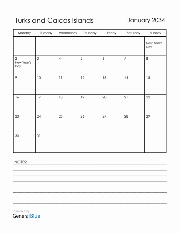 January 2034 Turks and Caicos Islands Calendar with Holidays (Monday Start)