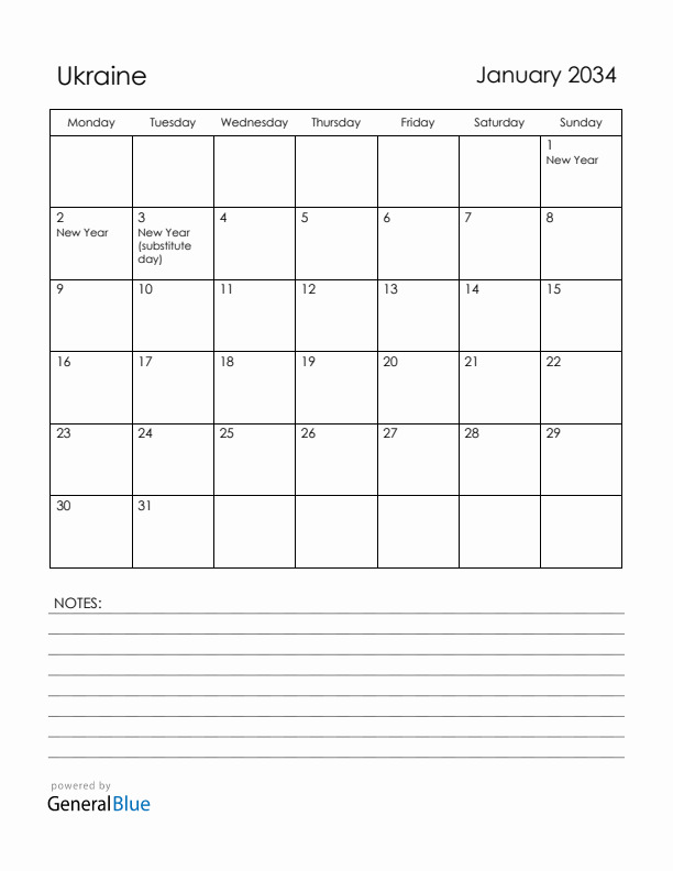January 2034 Ukraine Calendar with Holidays (Monday Start)