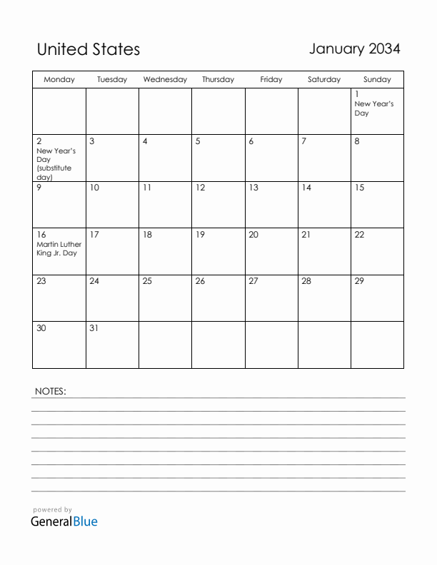 January 2034 United States Calendar with Holidays (Monday Start)