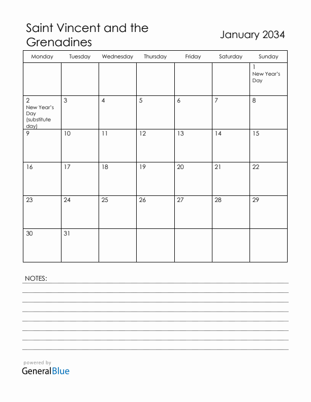 January 2034 Saint Vincent and the Grenadines Calendar with Holidays (Monday Start)