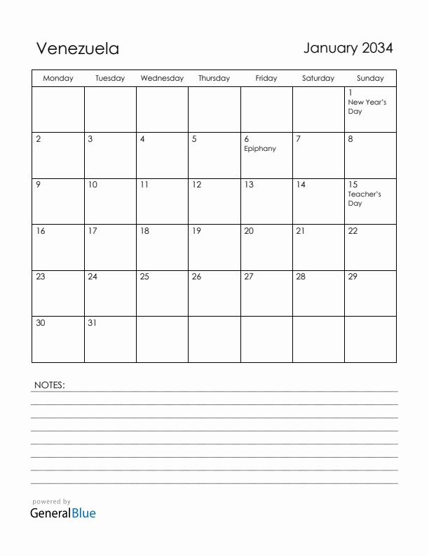 January 2034 Venezuela Calendar with Holidays (Monday Start)