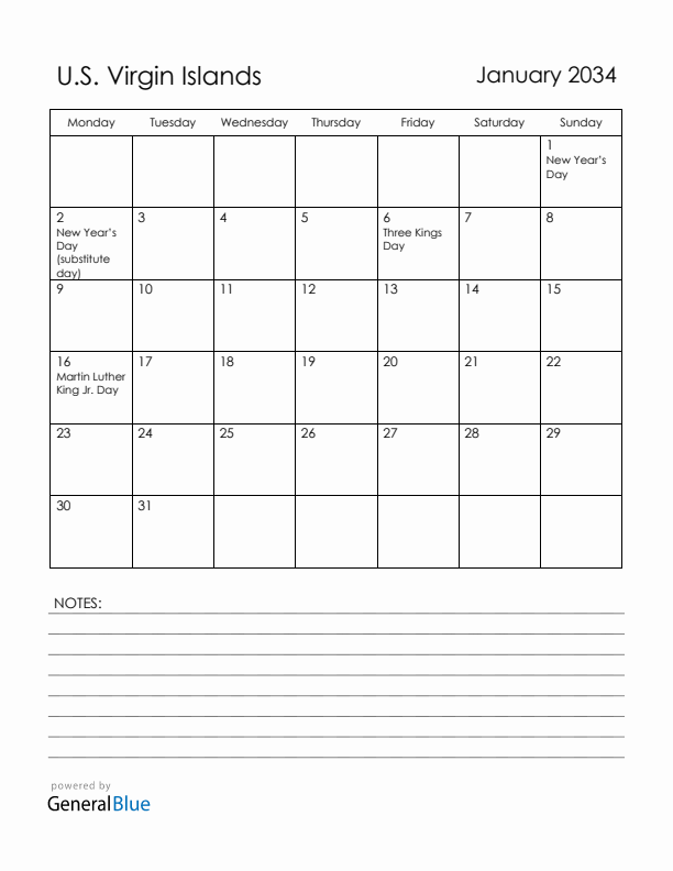 January 2034 U.S. Virgin Islands Calendar with Holidays (Monday Start)
