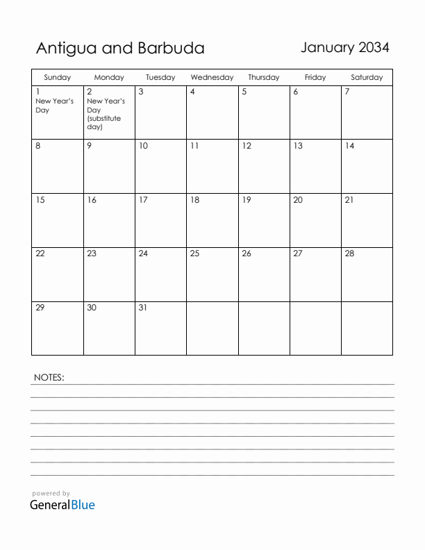 January 2034 Antigua and Barbuda Calendar with Holidays (Sunday Start)