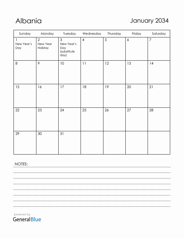 January 2034 Albania Calendar with Holidays (Sunday Start)