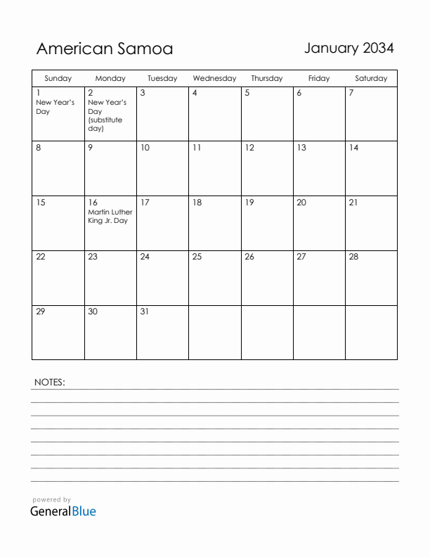 January 2034 American Samoa Calendar with Holidays (Sunday Start)