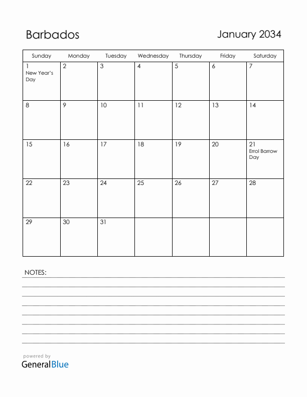January 2034 Barbados Calendar with Holidays (Sunday Start)