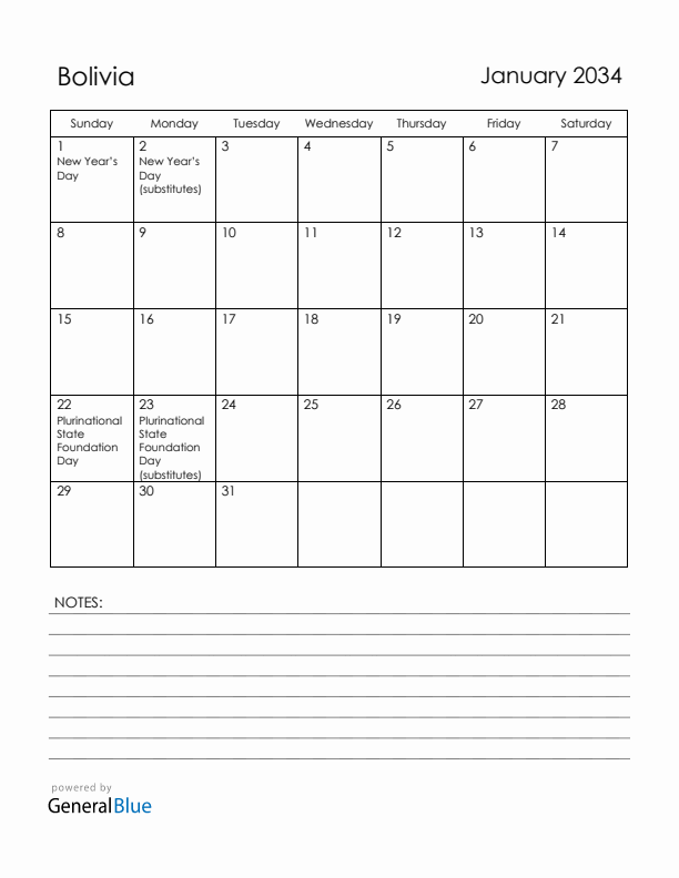 January 2034 Bolivia Calendar with Holidays (Sunday Start)