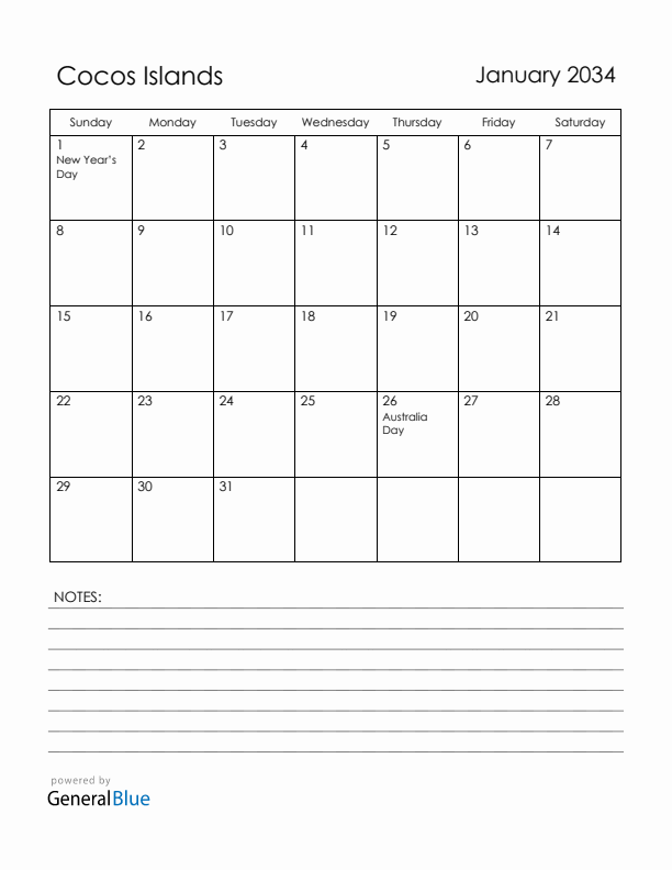 January 2034 Cocos Islands Calendar with Holidays (Sunday Start)