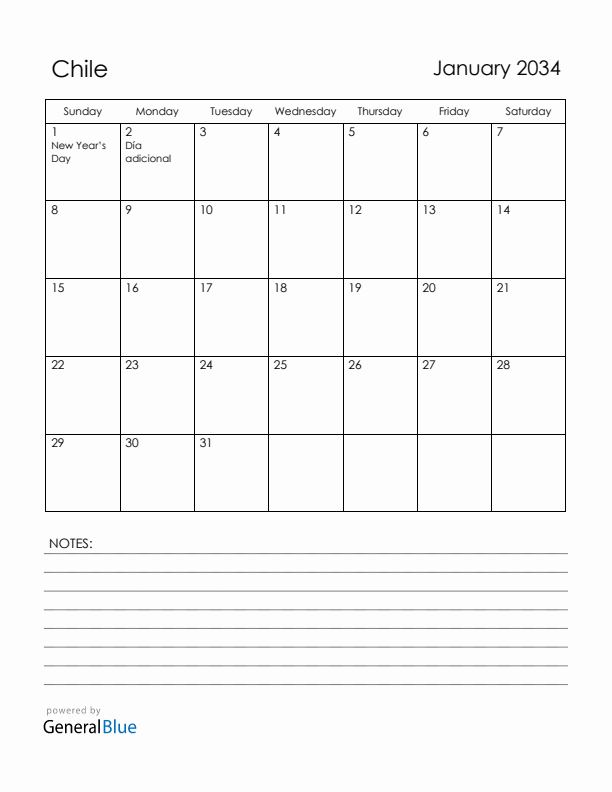 January 2034 Chile Calendar with Holidays (Sunday Start)